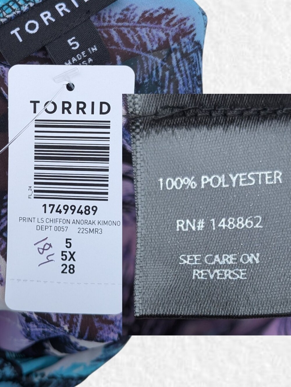 Torrid NEW Plus Size 5x: Lightweight Palm-Print Swim Cover-Up Anorak Kimono - Picture 4 of 6
